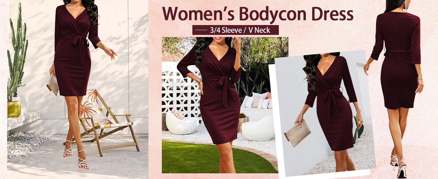Women's Classic 3/4 Sleeve Wrap V Neck Knee-Length Bodycon Dress Business Work Dress With Belt