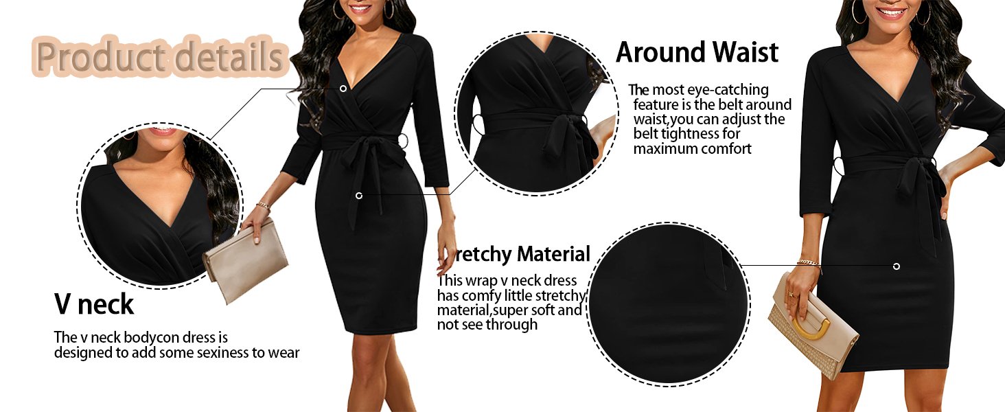 Women's Classic 3/4 Sleeve Wrap V Neck Knee-Length Bodycon Dress Business Work Dress With Belt
