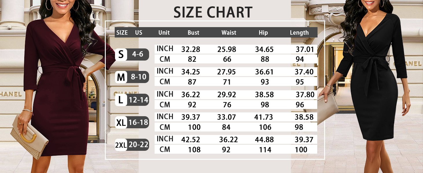 Women's Classic 3/4 Sleeve Wrap V Neck Knee-Length Bodycon Dress Business Work Dress With Belt