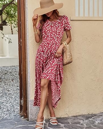 ZABERRY Women's Short Sleeve Round Neck Casual Summer Flowy Maxi Dresses with Pockets
