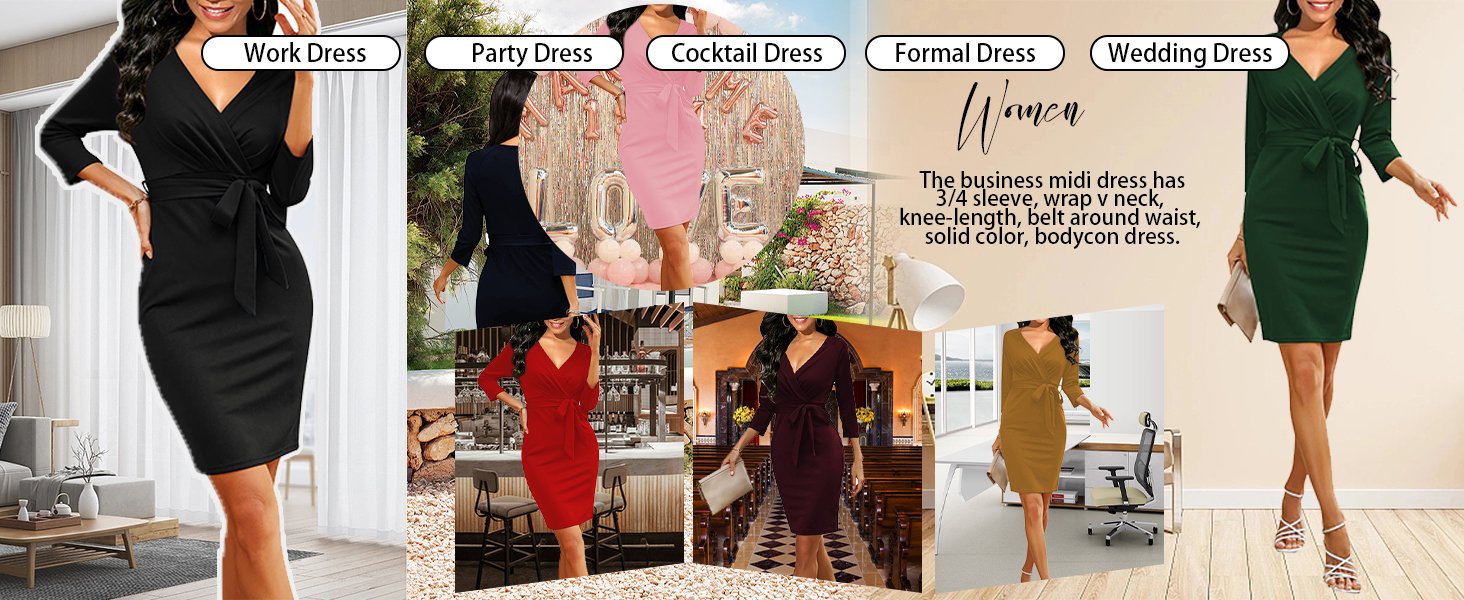 Women's Classic 3/4 Sleeve Wrap V Neck Knee-Length Bodycon Dress Business Work Dress With Belt