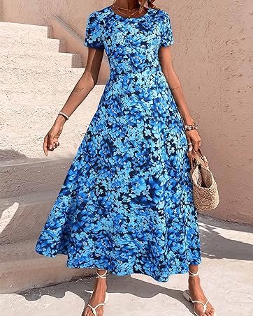 ZABERRY Women's Short Sleeve Round Neck Casual Summer Flowy Maxi Dresses with Pockets