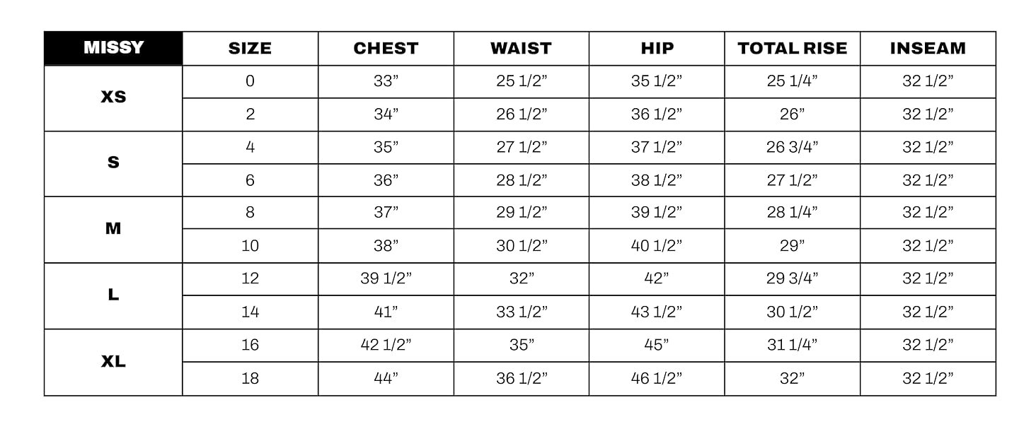 DKNY Suits Missy size chart